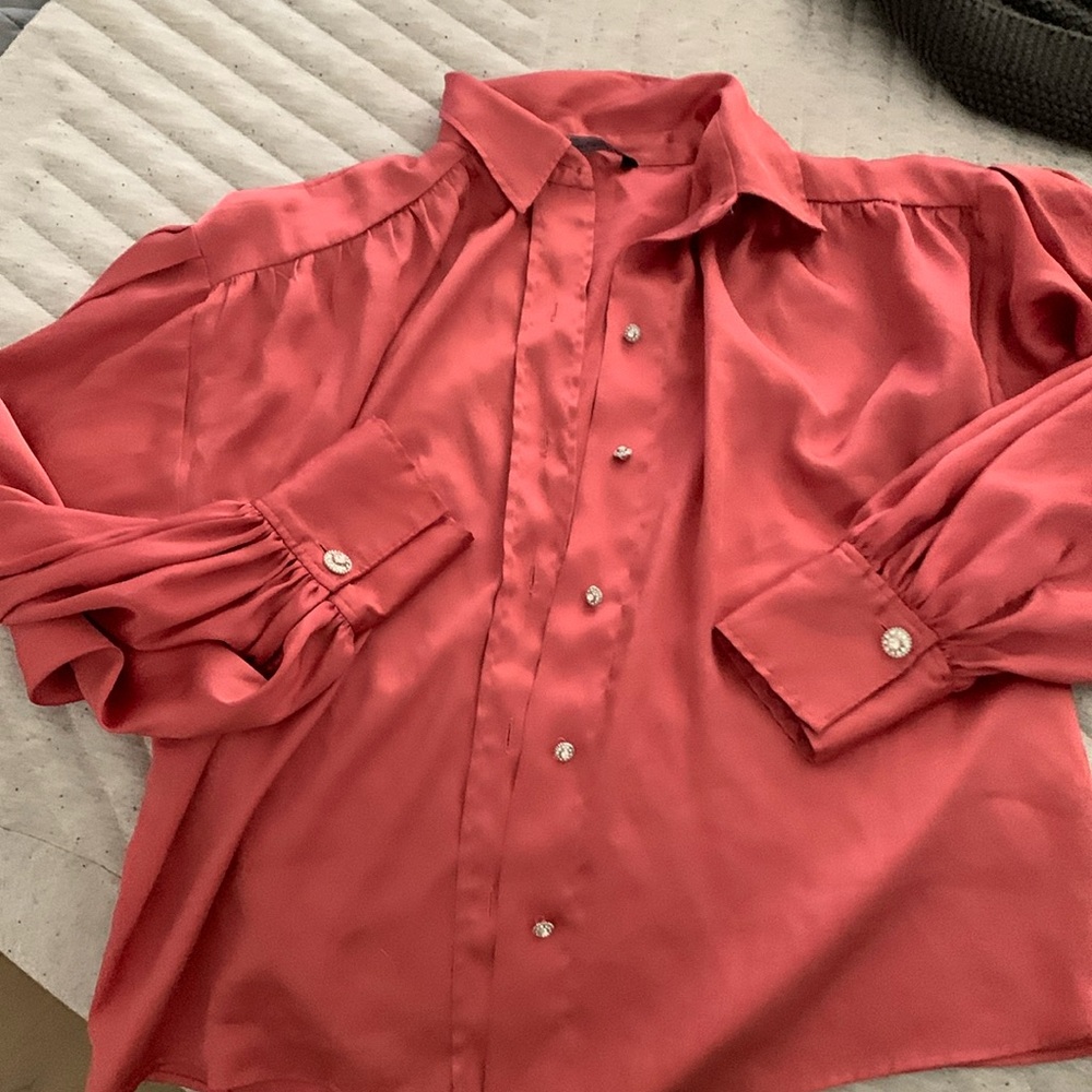 Salmon colored silk top with studded closures